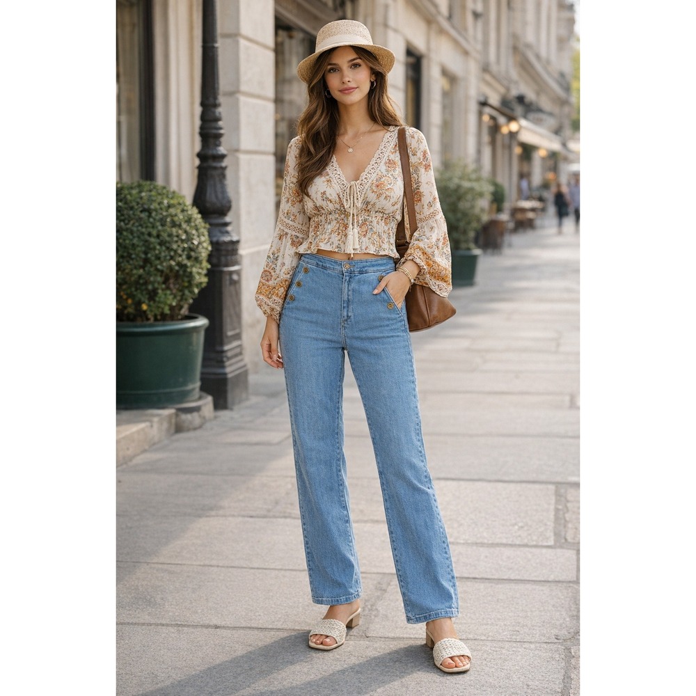 Cameo Women's High Waist Sailor Jeans Blue Straight Leg Button Detail Retro 70s